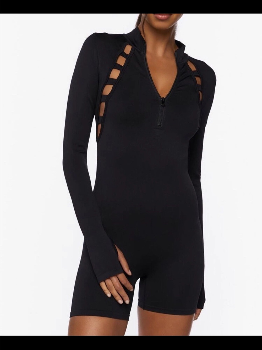 Forever 21 Black Long-Sleeve Seamless Romper with Ladder Cutouts